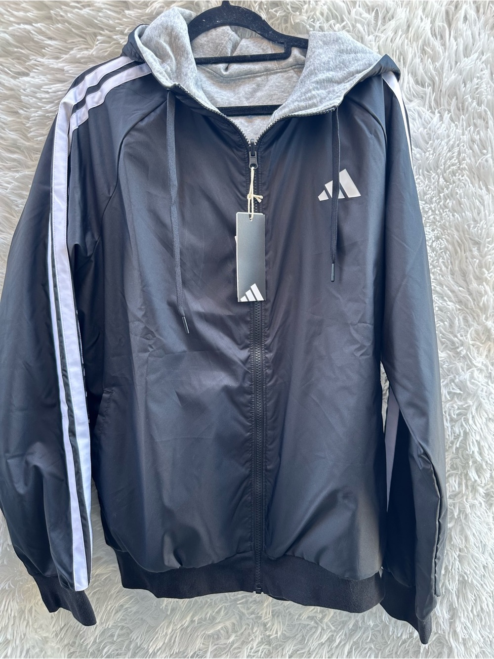 Adidas Black Hooded Track Jacket with White Stripes - reversible - Picture 2 of 6